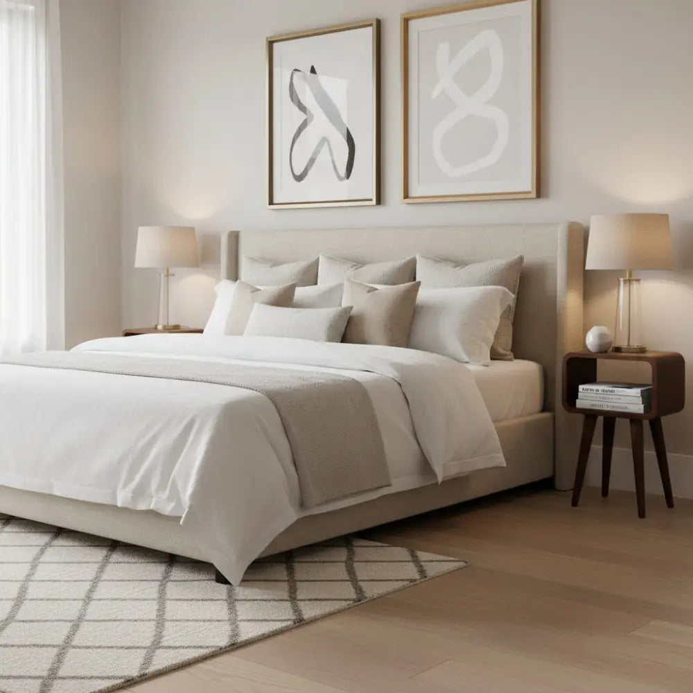 Beige upholstered bed with multiple pillows and matching duvet next to a mini chestnut curved open bedside