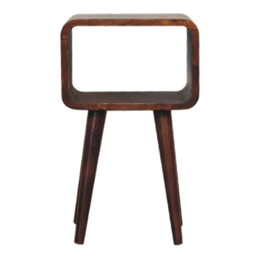 Dark brown wooden mini chestnut curved open bedside with rectangular open top and tapered legs