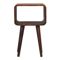 Dark brown wooden mini chestnut curved open bedside with rectangular open top and tapered legs