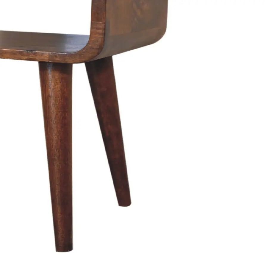Dark brown wooden chair with curved backrest and tapered legs shown from the back for mini chestnut curved bedside use