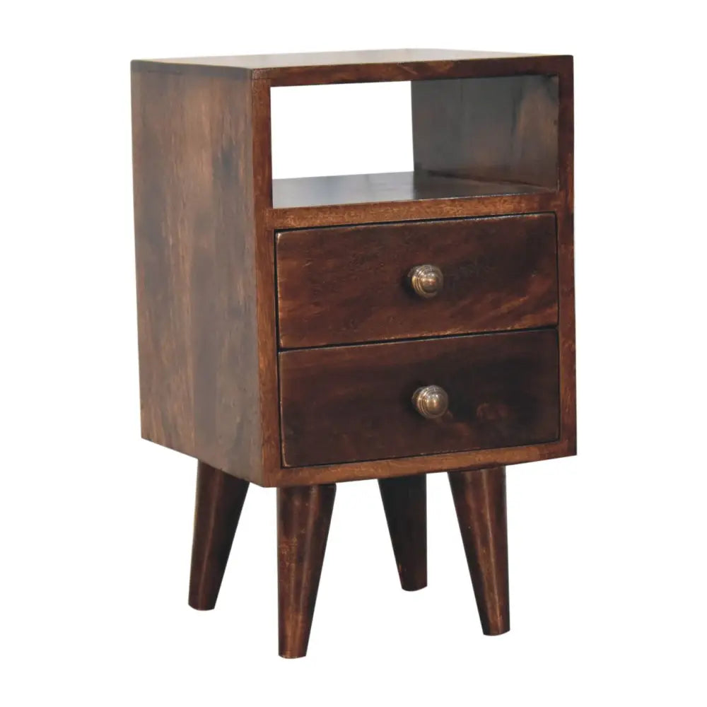 Dark brown classic california walnut bedside with two drawers and tapered legs perfect for mini classic california setup