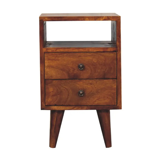 A rustic mini classic chestnut bedside with two drawers tapered legs warm brown finish and dark metal knobs
