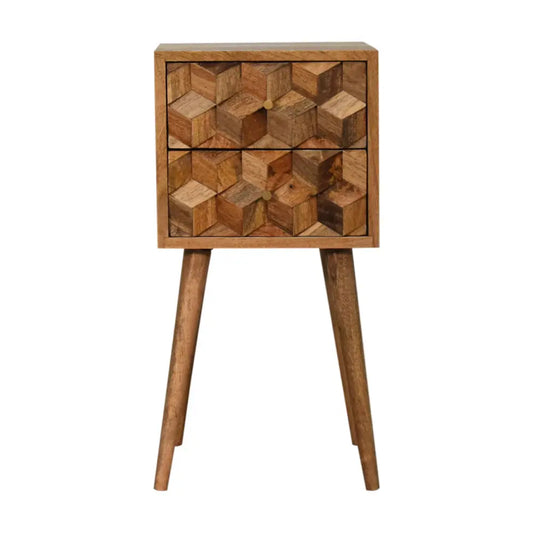 Rustic wooden mini cube carved nightstand with geometric cube pattern drawers and tapered legs for bedroom use