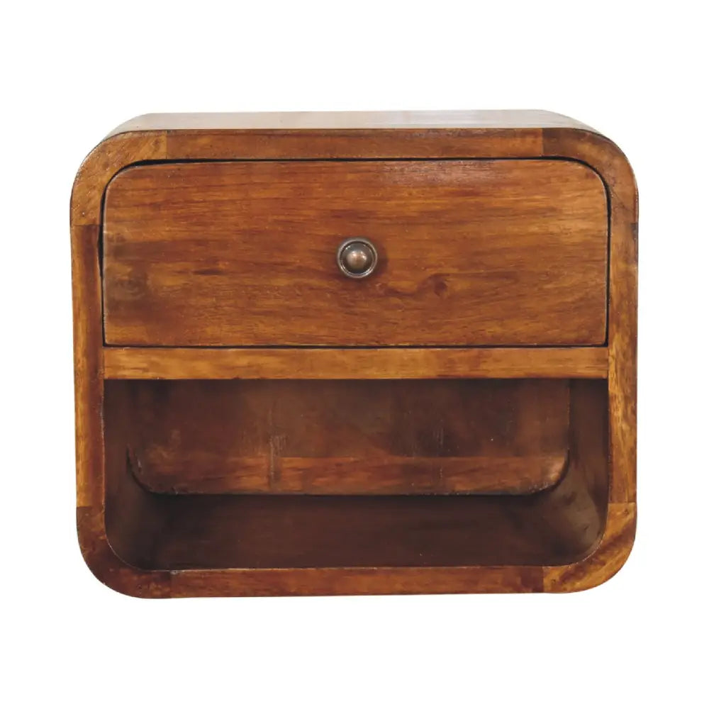 A warm polished wooden mini curve floating bedside nightstand with a single drawer and rounded corners