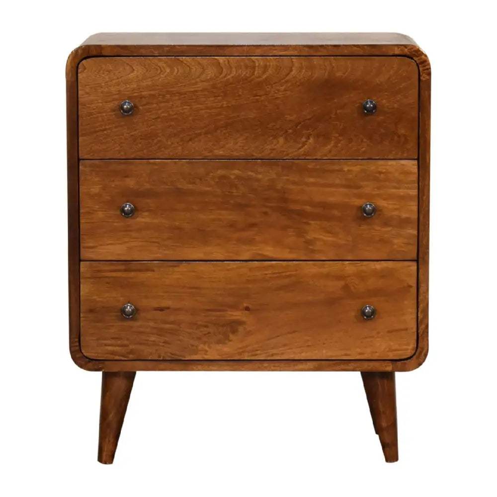 Mini curved chestnut chest warm-toned wooden nightstand with three drawers and round metallic knobs on tapered legs