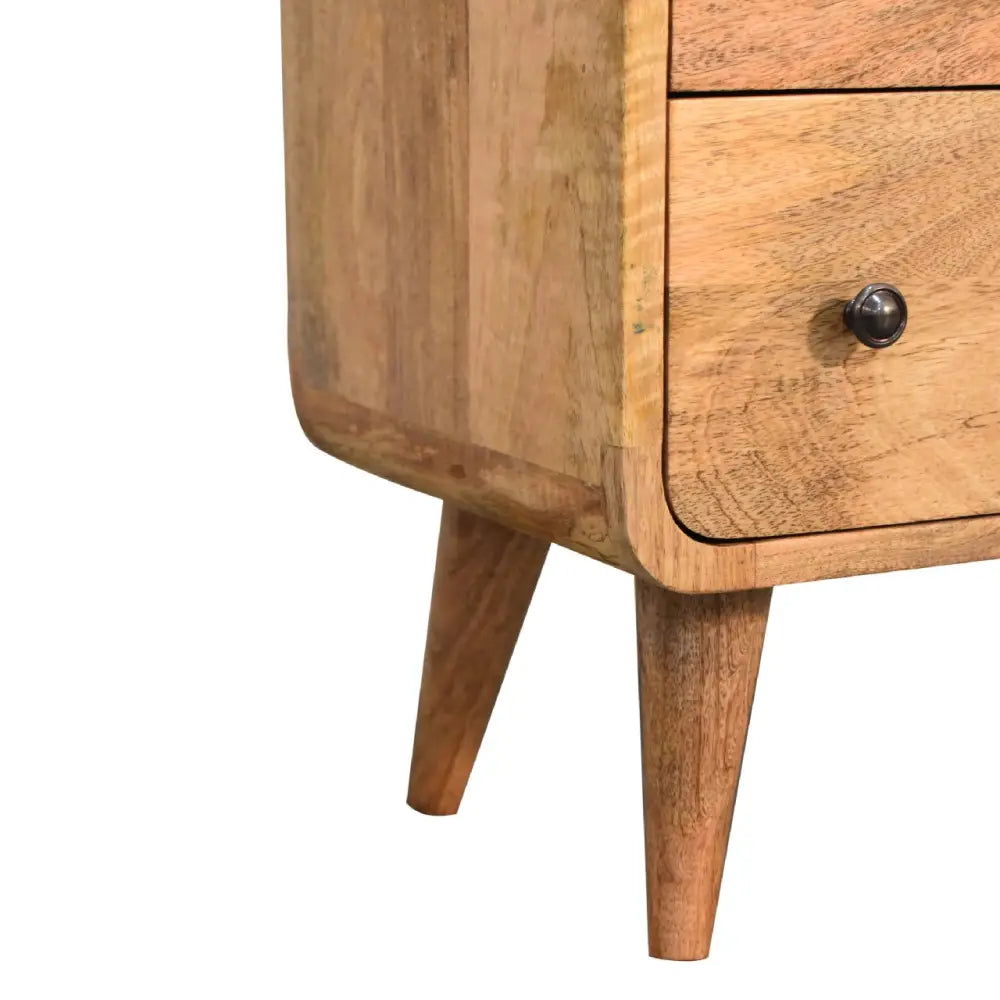 Mini curved light brown oak-ish nightstand with rounded edges and dark metal knob for luxury furniture in modern homes