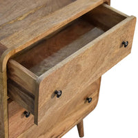 Mini curved oak-ish chest light brown wooden dresser with visible grain and black metal knobs luxury furniture for modern homes
