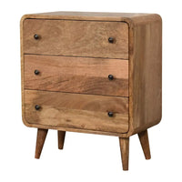 Mini curved oak-ish chest with three spacious drawers and black knobs for opulent furniture in modern homes