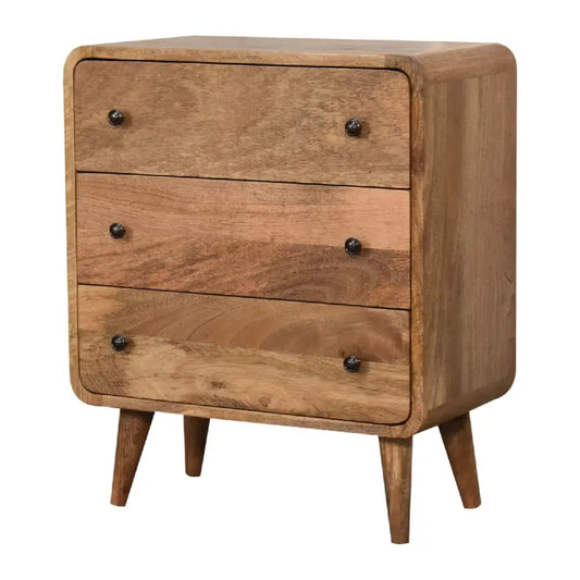 Mini curved oak-ish chest with three spacious drawers and black knobs for opulent furniture in modern homes