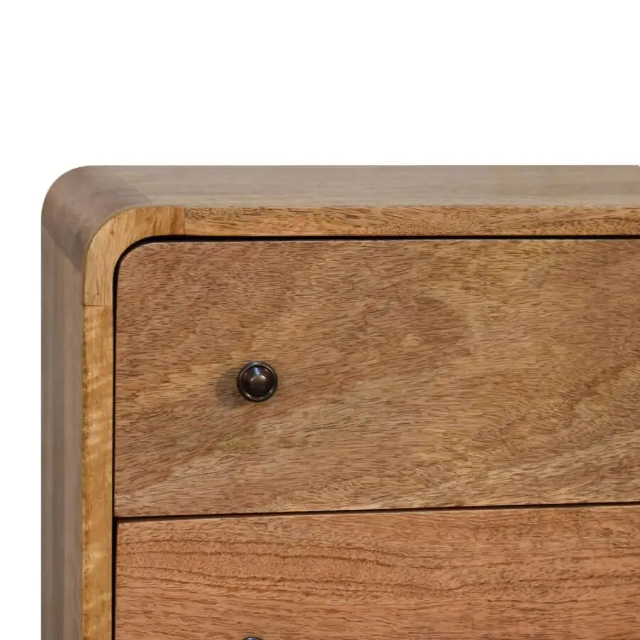 Mini curved light brown wooden dresser with natural grain finish and dark bronze knob luxury furniture for modern homes