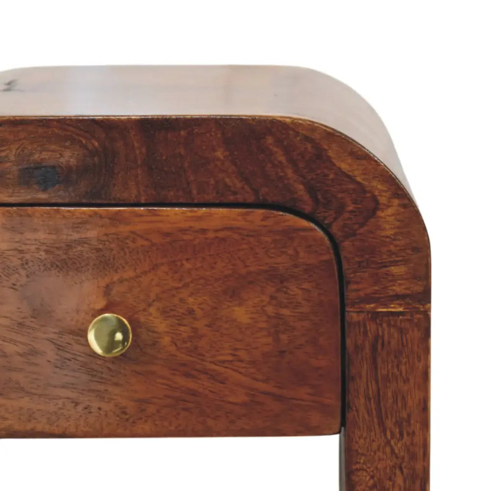 Mini darcy chestnut nightstand with curved edges in rich dark brown solid mango wood and brass round knob drawer