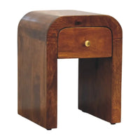 Dark brown darcy chestnut nightstand with curved edges made of solid mango wood and a single drawer with brass knob