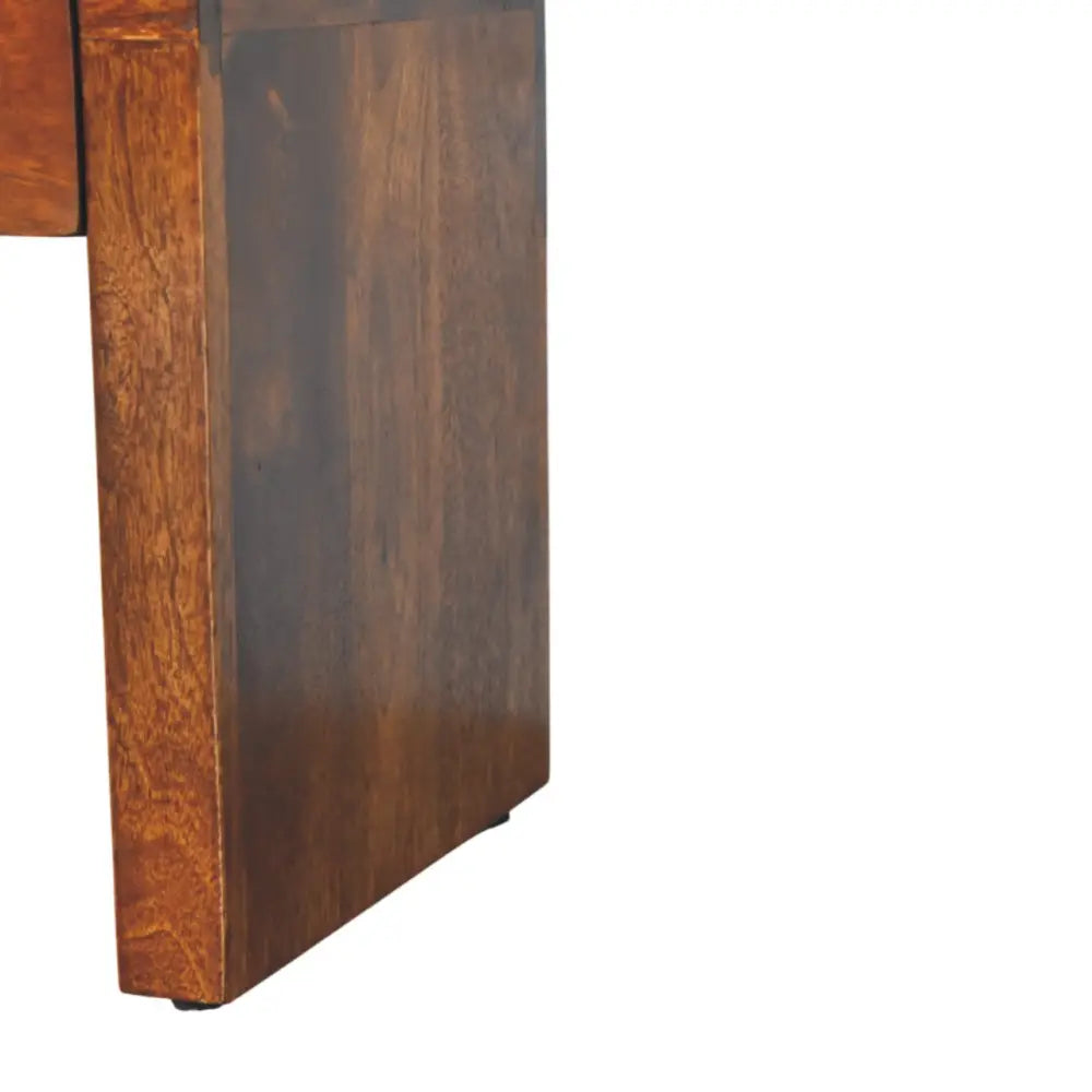 Mini darcy chestnut nightstand leg in rich solid mango wood with curved edges and warm smooth finish