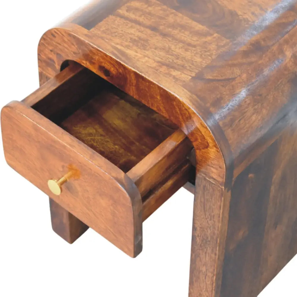Mini darcy chestnut nightstand with curved edges in solid mango wood and dark brown finish with brass knob drawer