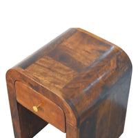 Rich dark brown darcy chestnut nightstand with curved edges made from solid mango wood and single drawer brass knob