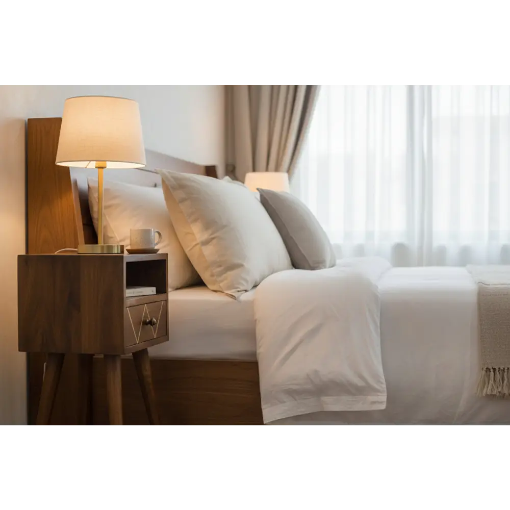 Warm-toned wooden mini geo brass bedside with geo brass drawer pull and small open shelf for bedroom storage