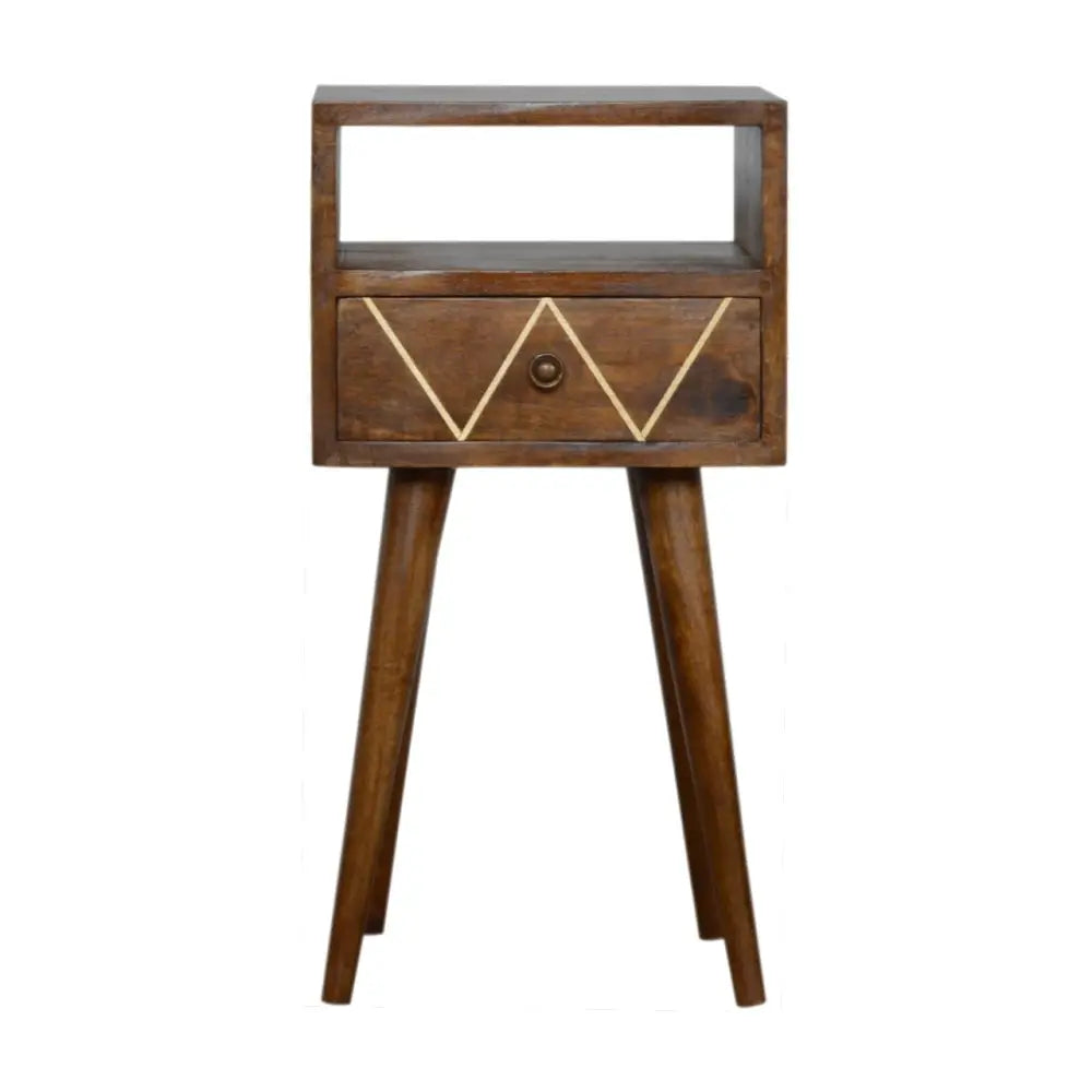 A mini geo brass bedside rustic wooden nightstand with geometric inlay drawer and tapered legs