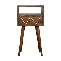 A mini geo brass bedside rustic wooden nightstand with geometric inlay drawer and tapered legs