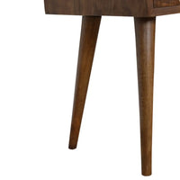 Dark brown wooden table with tapered legs for mini geo brass bedside look and style