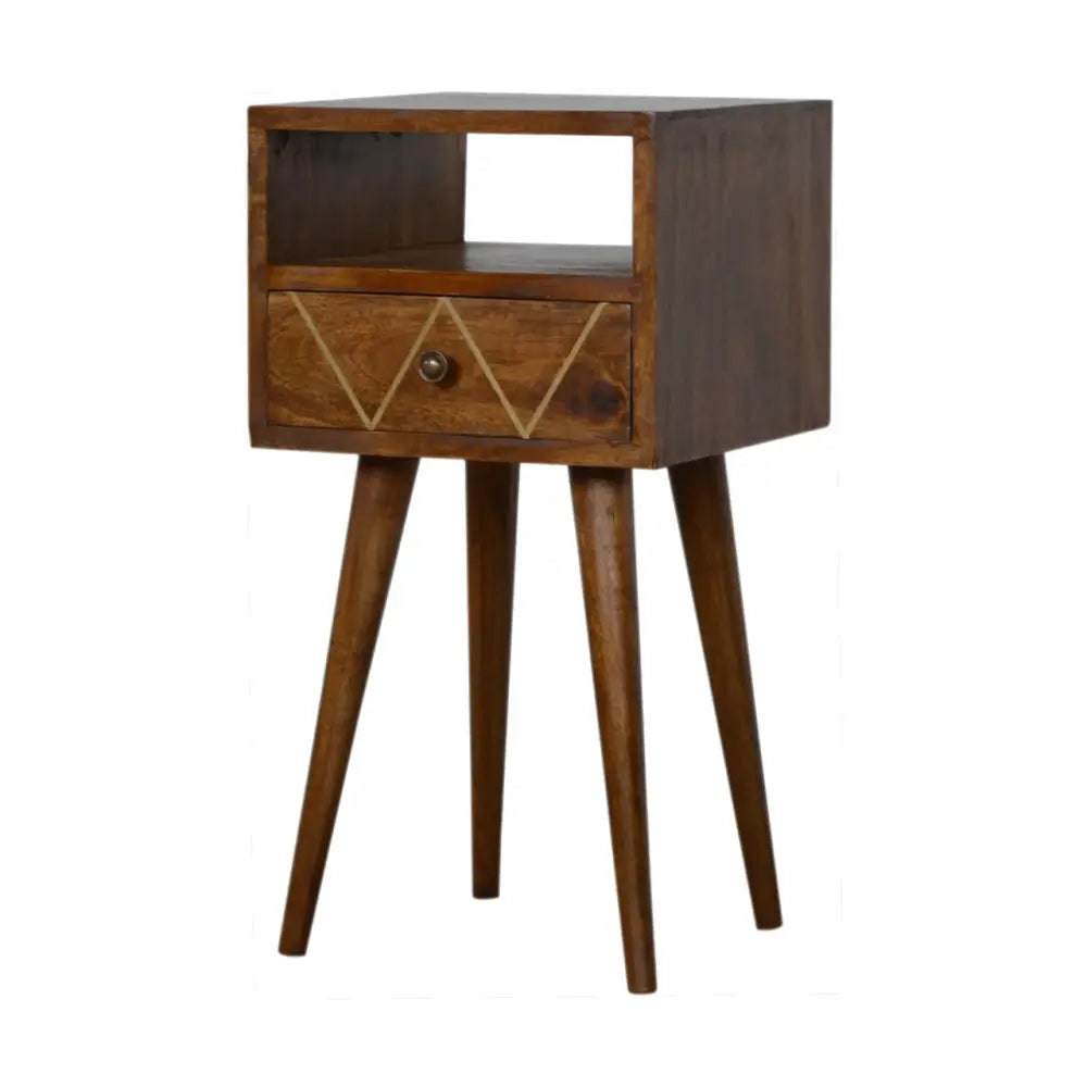 Dark brown wooden mini geo brass bedside nightstand with geometric drawer inlay and tapered legs for bedroom use