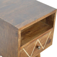 A rustic mini geo brass bedside nightstand with dark brown wood, white geometric inlay drawer, and metallic knob