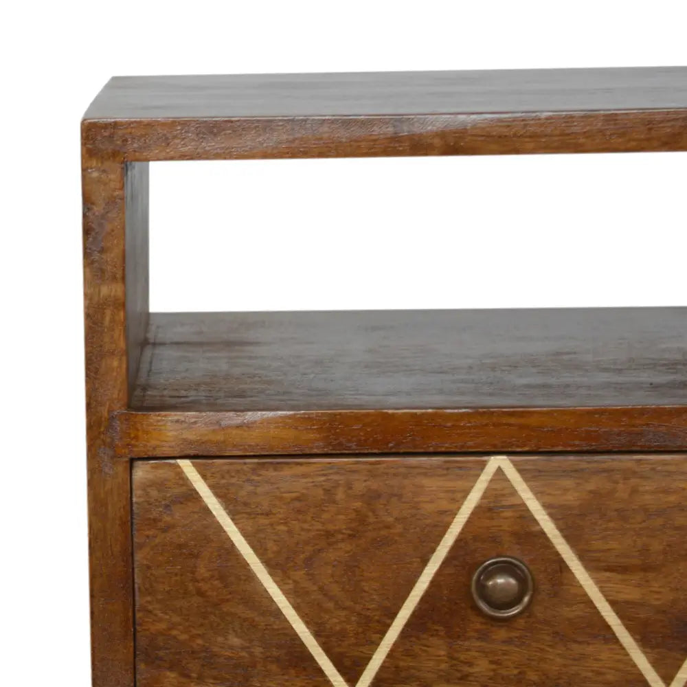 Dark brown wooden mini geo brass nightstand with geometric inlay pattern and brass knob for bedside use