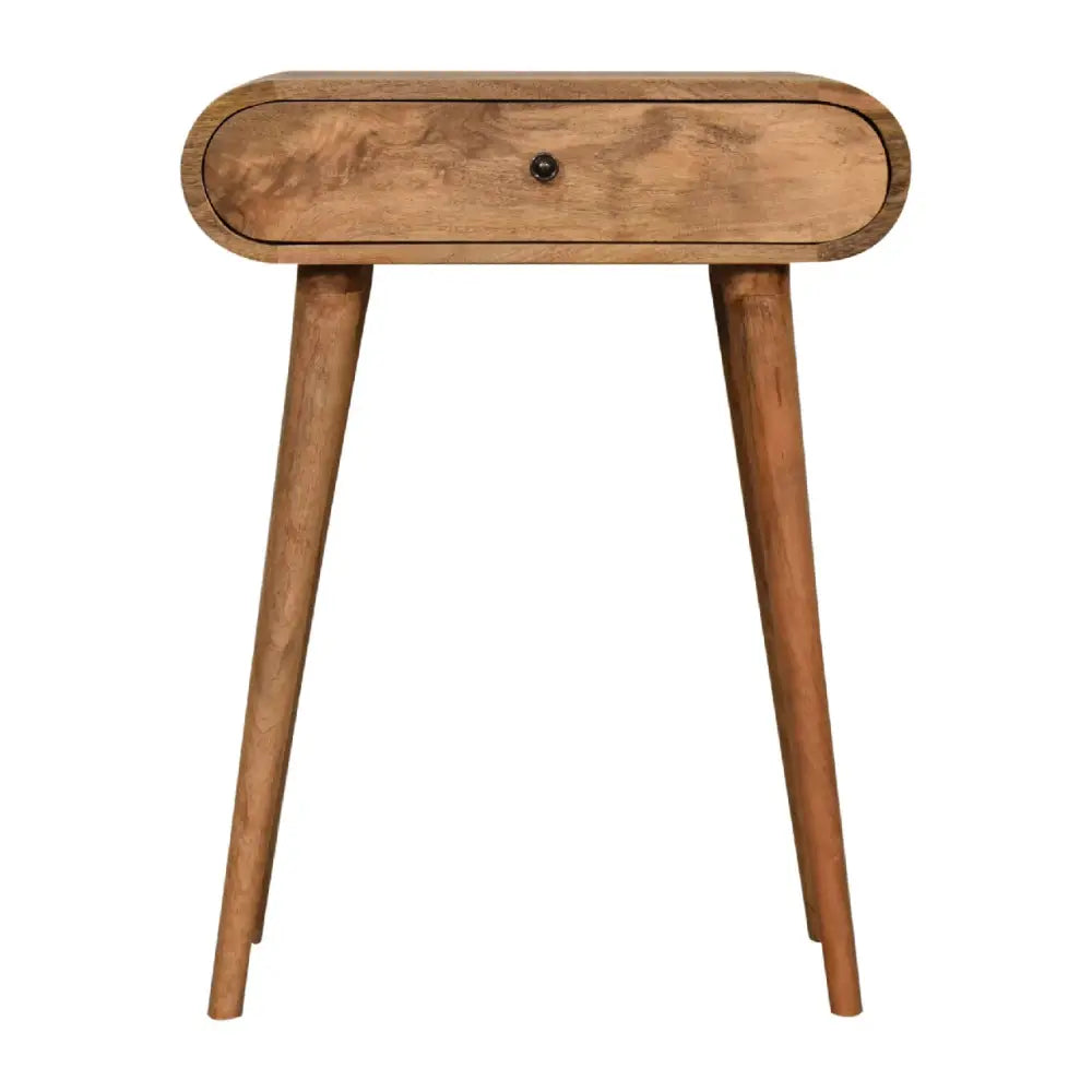 A sleek light brown wooden mini london console table with a rounded top and tapered legs perfect as a console table
