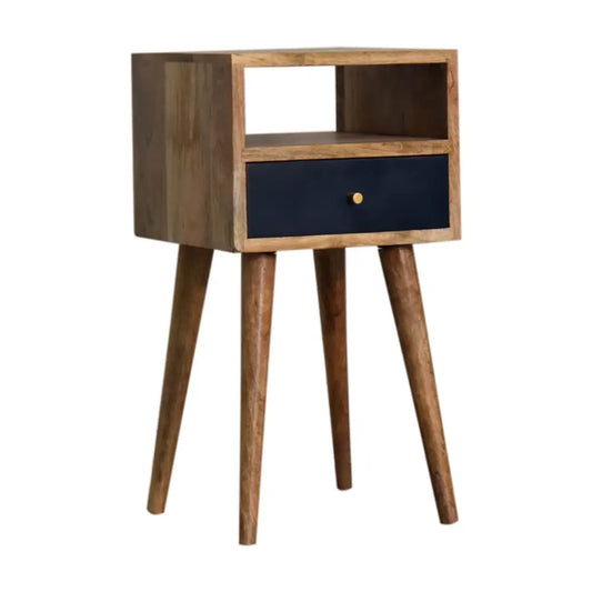 Mini navy blue hand painted bedside nightstand with natural wood frame navy blue drawer and gold-toned knob