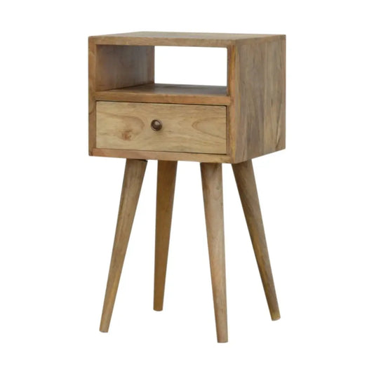 Mini oak bedside nightstand with light wood finish, open shelf, single drawer, and tapered legs for opulent furniture style