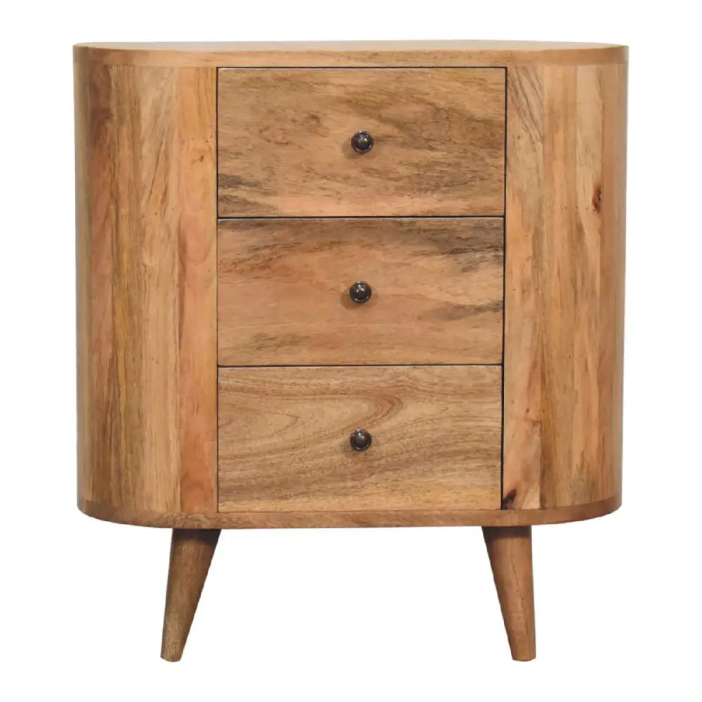 Mini oak-ish cabinet is a mid-century modern wooden nightstand with three drawers perfect for luxury home decor furniture