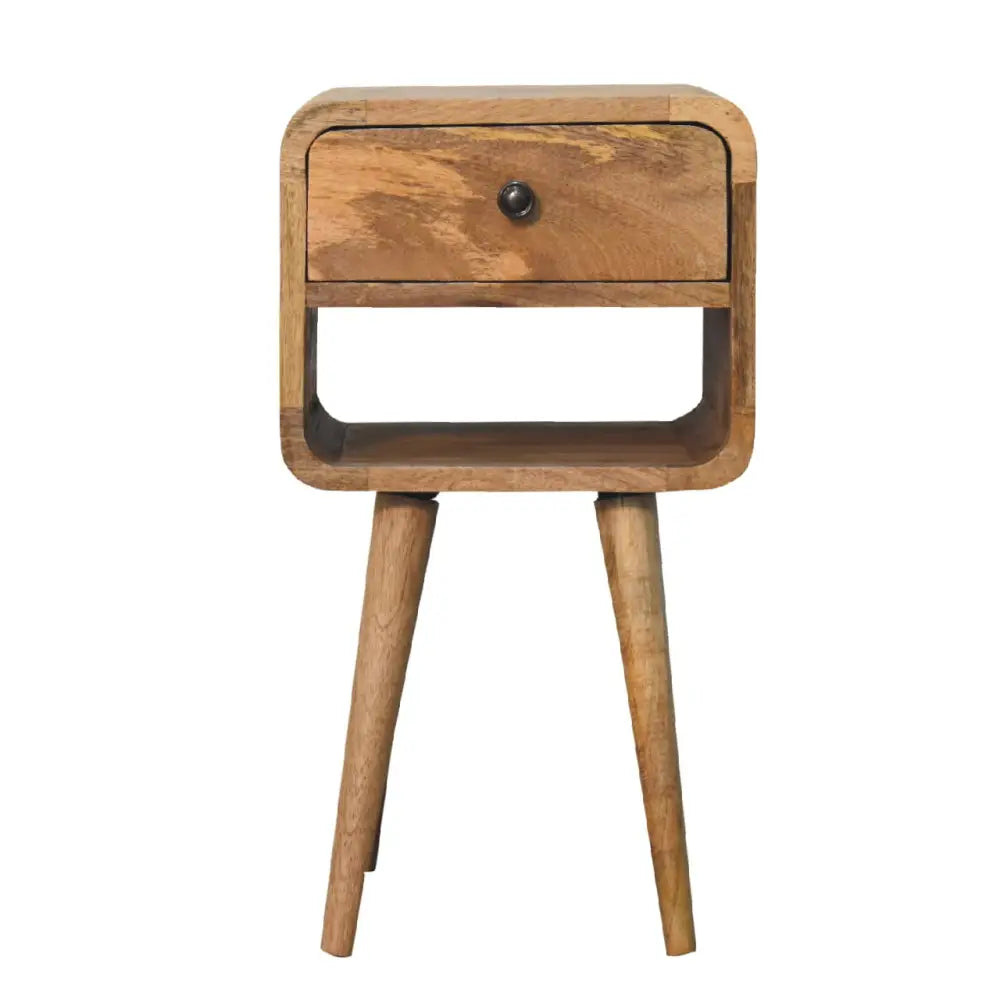 Minimalist oak wooden lower bedside nightstand with single drawer tapered legs natural finish curve lower bedside
