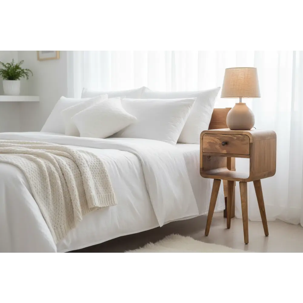 Light wood mini oak-ish curve lower bedside with single drawer open shelf and beige lamp on top