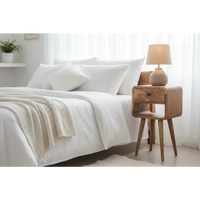 Light wood mini oak-ish curve lower bedside with single drawer open shelf and beige lamp on top