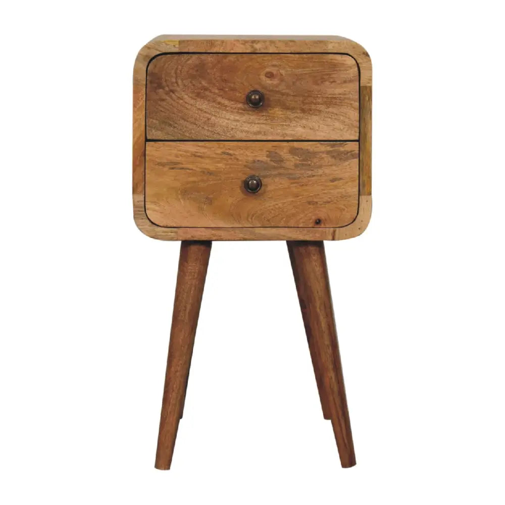 Rustic mini oak curved bedside with tapered legs and two drawers for opulent furniture styling
