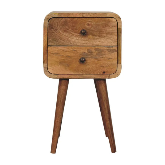 Rustic mini oak curved bedside with tapered legs and two drawers for opulent furniture styling