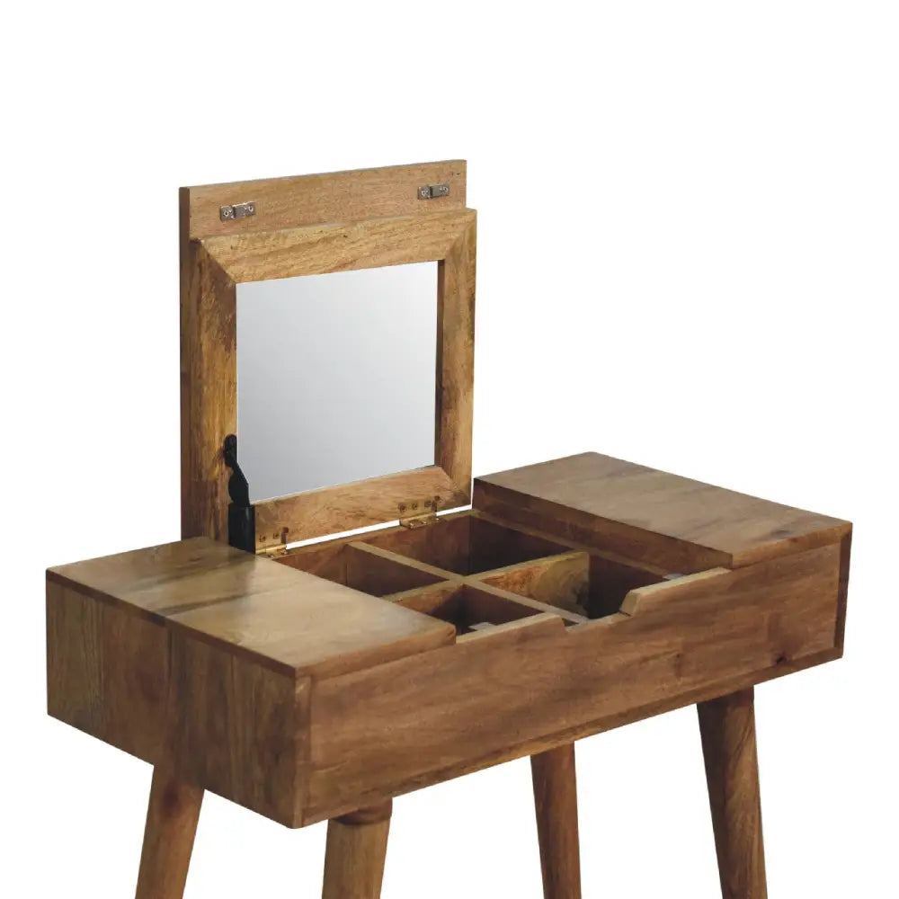 Rustic mini oak ish dressing table with a wooden mirrored lid and divided storage compartments