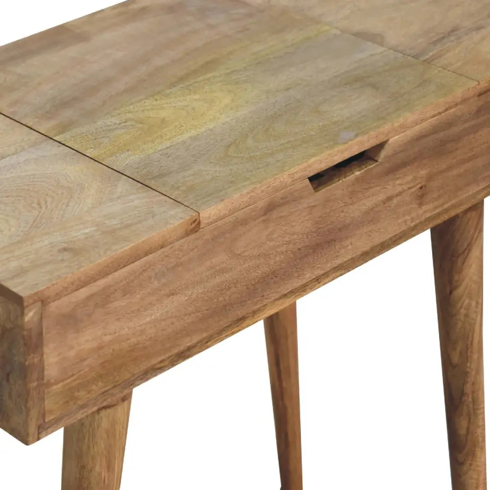 Mini oak dressing table with rustic wooden finish oak ish style and a simple rectangular drawer visible grain