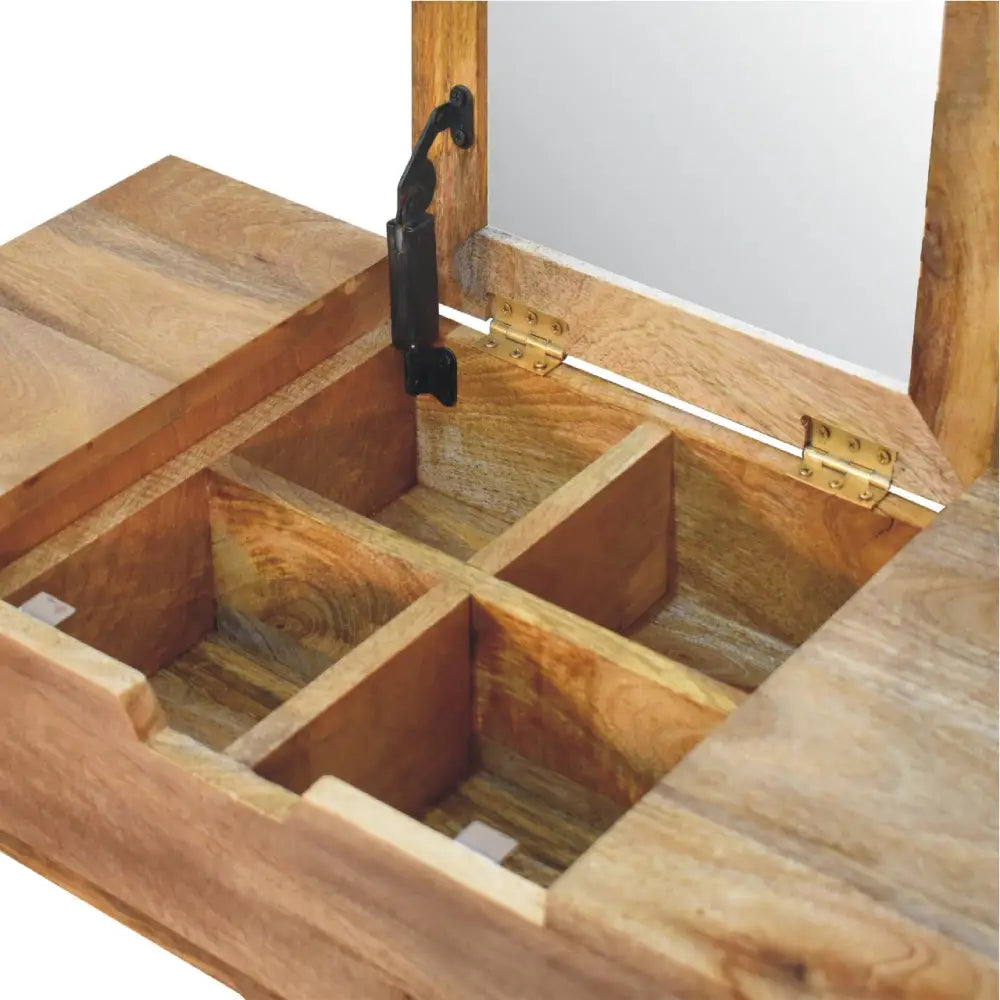 Mini oak-ish dressing table with a rustic wooden hinged lid and four compartments with black metal hinges