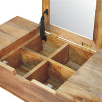 Mini oak-ish dressing table with a rustic wooden hinged lid and four compartments with black metal hinges