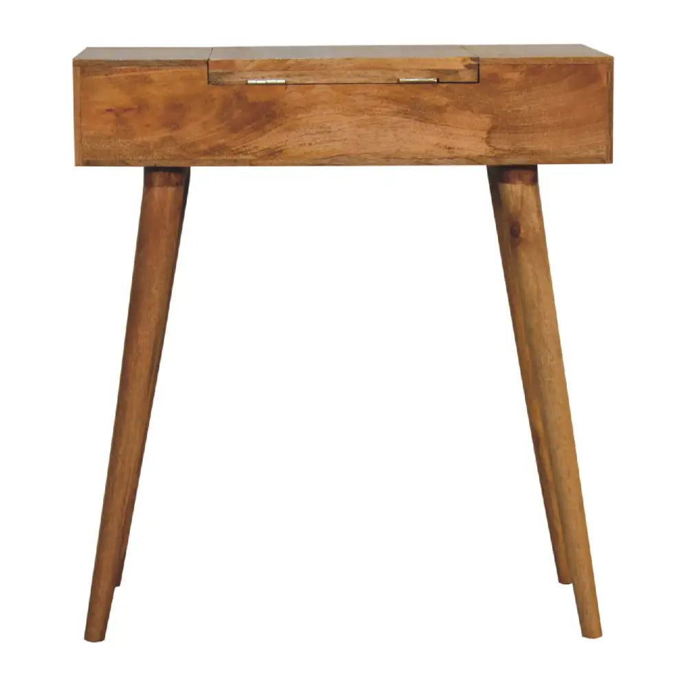 A sleek medium-brown mini oak dressing table with tapered legs and a single drawer with brass hardware