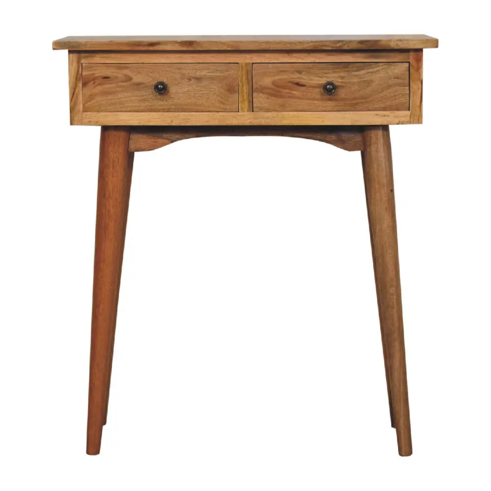 Rustic oak mini hallway console table with two drawers and tapered legs perfect as a hallway console table