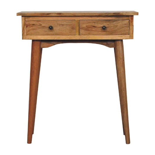 Rustic oak mini hallway console table with two drawers and tapered legs perfect as a hallway console table