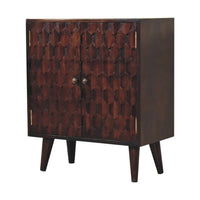 Dark brown light walnut cabinet with honeycomb pattern doors and tapered legs mini pineapple carved design