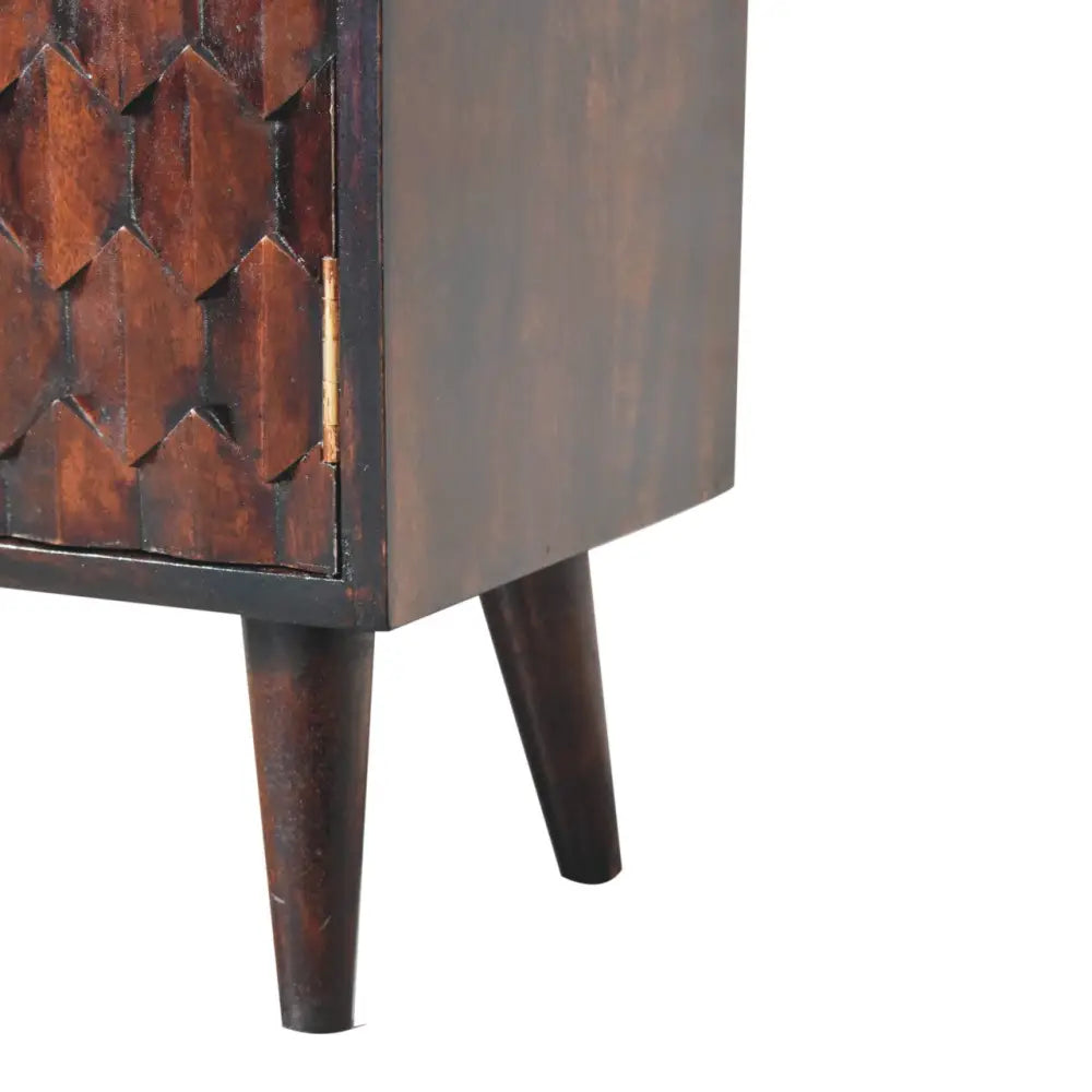 Dark brown wooden mini pineapple carved light walnut cabinet with geometric scale pattern and tapered legs