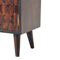 Dark brown wooden mini pineapple carved light walnut cabinet with geometric scale pattern and tapered legs