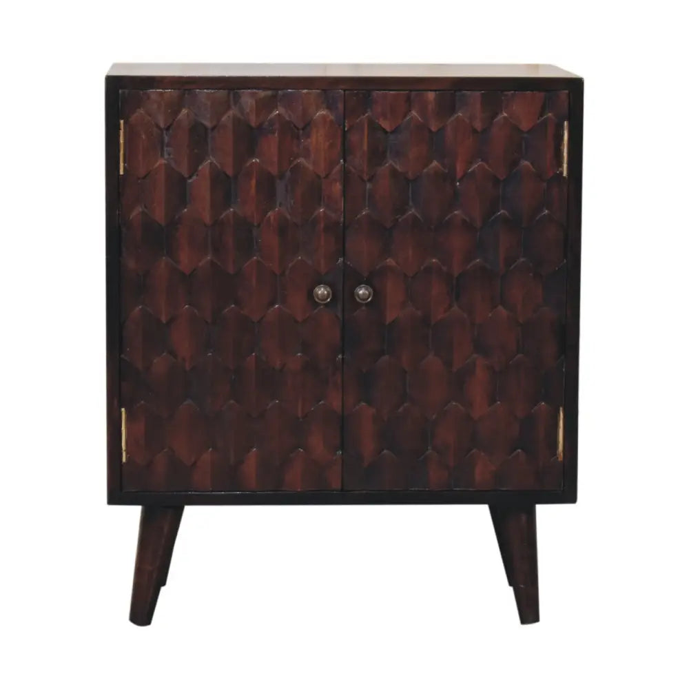 Dark brown mini pineapple carved light walnut cabinet with scale-like doors and gold-toned hardware and legs