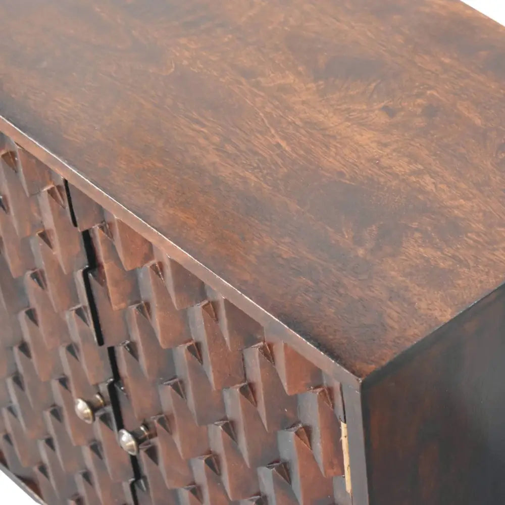 Dark brown mini pineapple carved light walnut cabinet with geometric raised triangles and metallic knobs