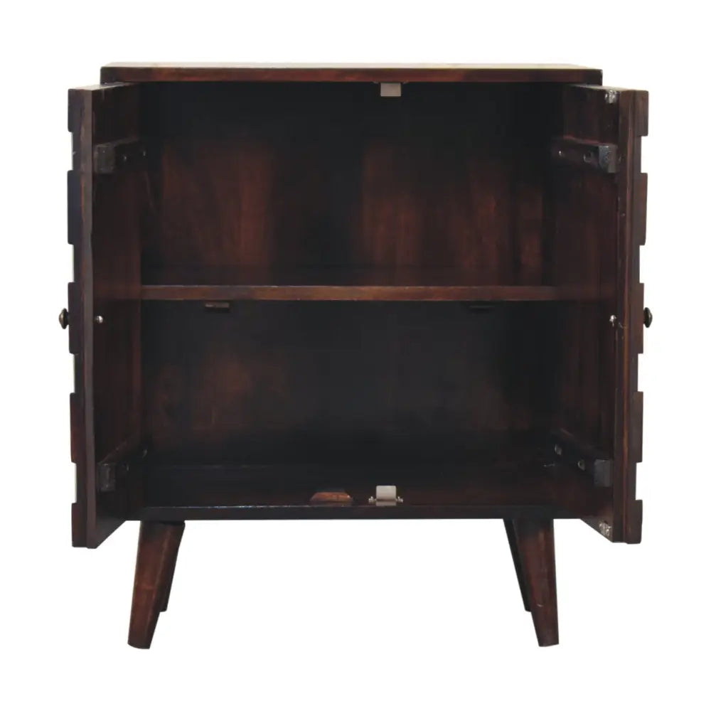Dark brown light walnut cabinet with two doors and angled legs in mini pineapple carved design