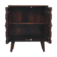 Dark brown light walnut cabinet with two doors and angled legs in mini pineapple carved design