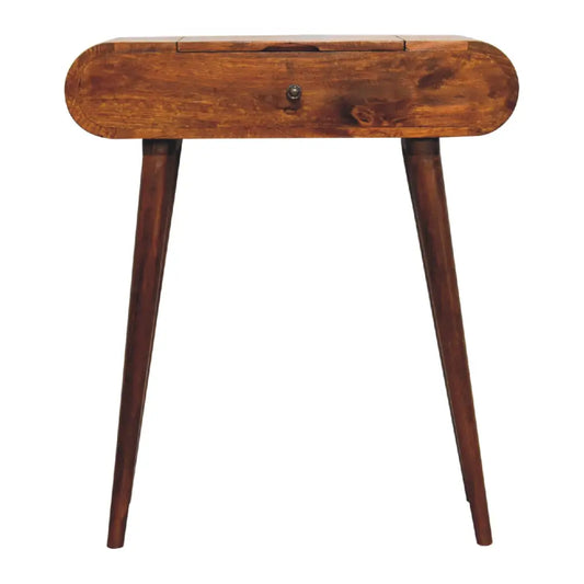 A sleek mini round chestnut wooden console table with warm brown finish and tapered legs for stylish storage